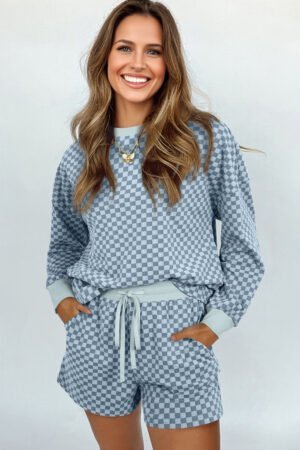 Sky Blue Checkerboard Long Sleeve Pullover and Shorts Set - Image 3