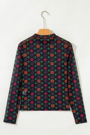 Black Western Aztec Printed Long Sleeve Mesh Top - Image 5