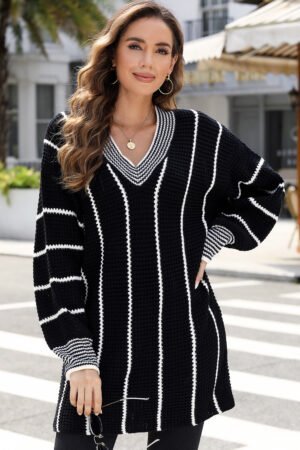Black Colorblock Striped V Neck Knitted Loose Sweater - Image 6
