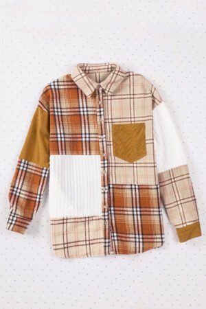 Orange Plaid Color Block Patchwork Shirt Jacket with Pocket - Image 6