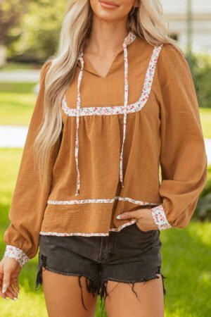 Straw Yellow Split Neck Pleated Floral Trim Long Puff Sleeve Blouse - Image 16