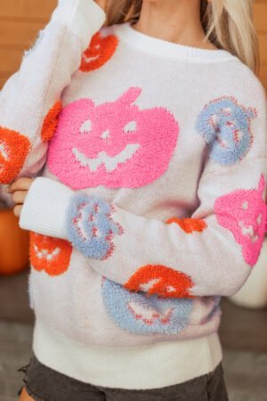 Beige Halloween Cute Pumpkin Pattern Sweater - Image 4