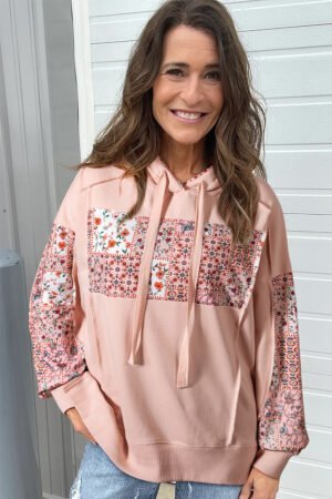 Delicacy Mix Floral Patchwork Side Slit Drawstring Hoodie - Image 3