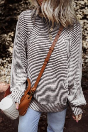 Coffee Striped Print Ribbed Knit Boat Neck Baggy Sweater - Image 5