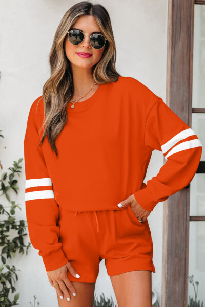 Orange Varsity Striped Sleeve Drop Shoulder Sweatshirt and Short Set