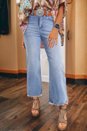 Beau Blue Mineral Wash Raw Hem High Waist Flared Jeans