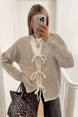 Pale Khaki Tied Front Drop Shoulder Chunky Casual Cardigan - Image 2