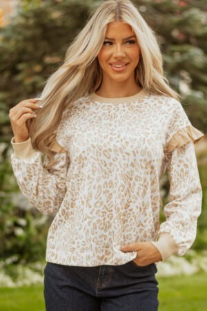 Khaki Leopard Ruffle Detail Ribbed Trim Round Neck Sweatshirt - Image 5