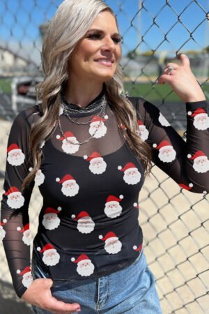Black Christmas Fashion Print Slim Fit Long Sleeve Top - Image 2