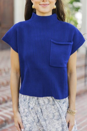 Dark Blue Patch Pocket Ribbed Knit Short Sleeve Sweater - Image 5