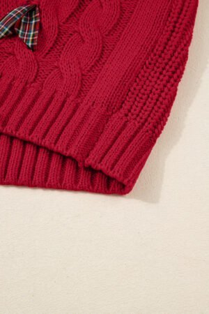 Fiery Red Plaid Lace up Detail Christmas Holiday Puff Short Sleeve Sweater - Image 9