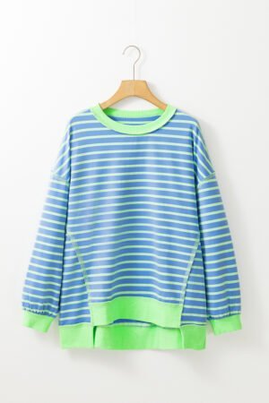Sky Blue Stripe Contrast Trim High Low Pullover Tunic Sweatshirt - Image 5