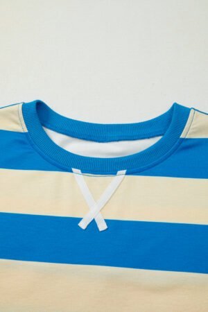 Blue Stripe Floral Color Block Drop Shoulder Plus Size Pullover Top - Image 7