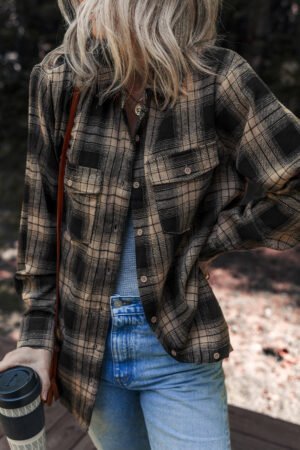 Multicolour Retro Plaid Double Flap Pocket Brushed Shacket - Image 7