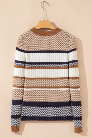Brown Stripe Stylish Pattern Knitted Ribbed Trim Slim Sweater - Image 9