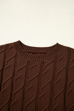 Dark Brown Cable Texture Crew Neck Short Sleeve Sweater Top - Image 6