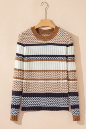 Brown Stripe Stylish Pattern Knitted Ribbed Trim Slim Sweater - Image 8