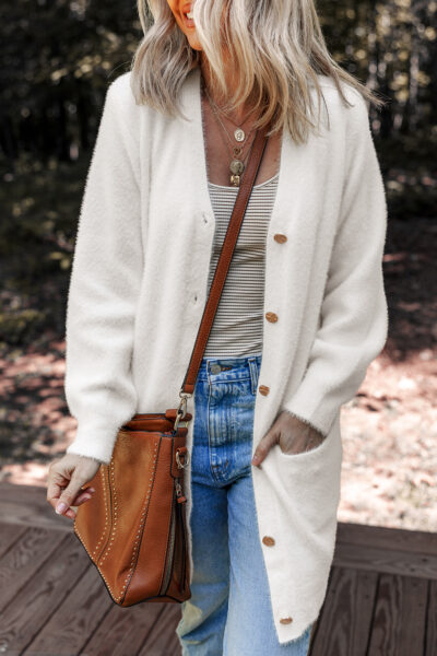 White Fuzzy Buttoned Front Midi Solid Cardigan