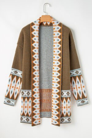 Brown Aztec Print Open Front Knitted Cardigan - Image 6
