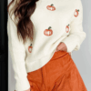 Beige Pumpkin Embroidered Ribbed Thanksgiving Halloween Holiday Sweater