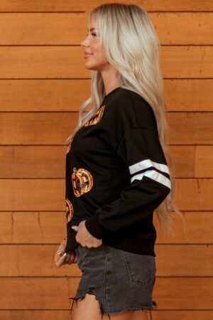 Black Halloween Pumpkin Face Sequin Patched Oversize Varsity Sweatshirt - Image 3