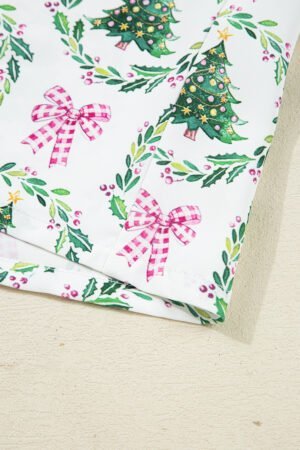 Green Christmas Fashion Print Velvet Trim Bow Knot Pajama 2pcs Short Set - Image 11
