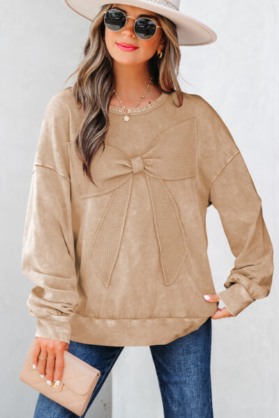 Light French Beige Mineral Wash Big Bow Patchwork Pullover Sweatshirt
