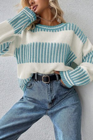 Light Blue Two Tone Striped Patchwork Drop Shoulder Loose Sweater - Image 6