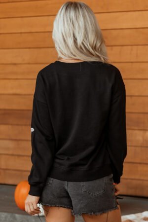 Black Sequin Cute Bow Ghost Graphic Crew Neck Halloween Sweatshirt - Image 7