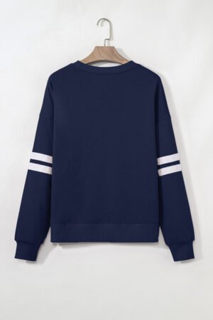 Navy Blue Varsity Striped Detail Drop Shoulder Oversized Sweatshirt - Image 10