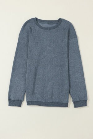 Blue Solid Ribbed Knit Round Neck Pullover Sweatshirt - Image 5