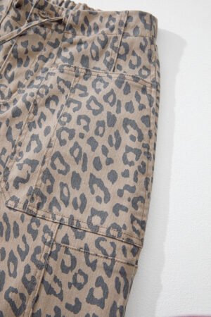 Khaki Leopard Printed Drawstring Elastic Waistband Pocketed Wide Leg Jeans - Image 4