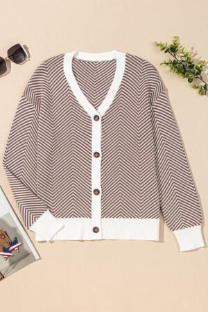 Brown Stripe Buttoned Front V Neck Herringbone Cardigan - Image 5