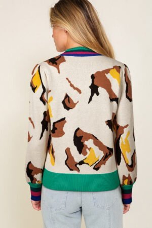 Apricot Contrast Ribbed Stripes Detail Animal Pattern Knit Sweater - Image 2
