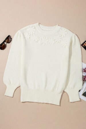 White Flower Detail Round Neck Contrast Textured Puff Sleeve Sweater - Image 3