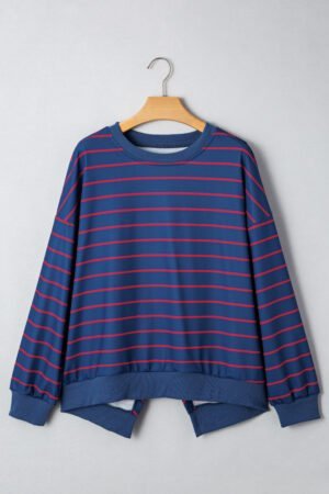 Blue Stripe Stylish Overlap Detail Drop Shoulder Pullover Sweatshirt - Image 4