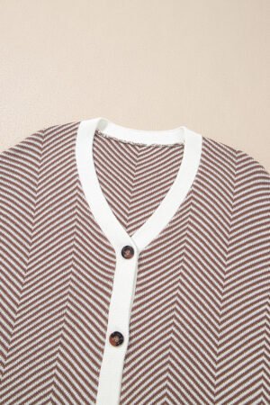 Brown Stripe Buttoned Front V Neck Herringbone Cardigan - Image 8