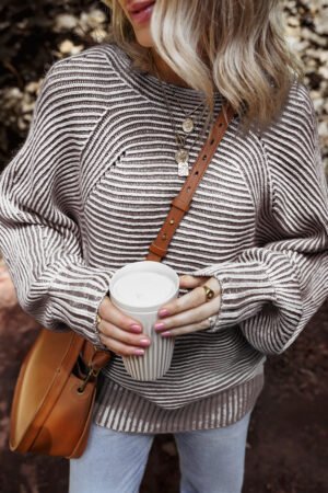 Coffee Striped Print Ribbed Knit Boat Neck Baggy Sweater - Image 4