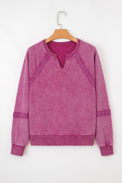 Rose Red Lace Patchwork Detail Notched Neck Mineral Wash Baggy Sweatshirt