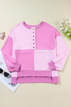 Pink Colorblock Henley High Low Oversize Sweatshirt - Image 6