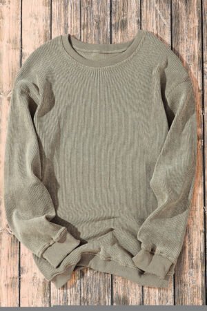 Green Solid Ribbed Knit Round Neck Pullover Sweatshirt - Image 5