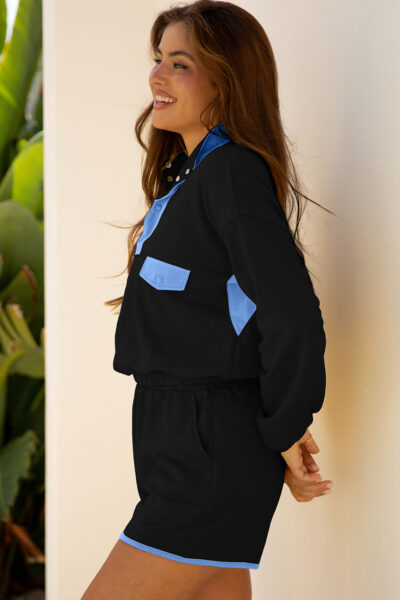 Black Color Block Patchwork Half Button Pullover and Shorts 2pcs Outfit