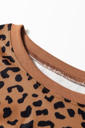 Khaki Stripe Color Block Patchwork Leopard Casual Sweatshirt with Slits - Image 7