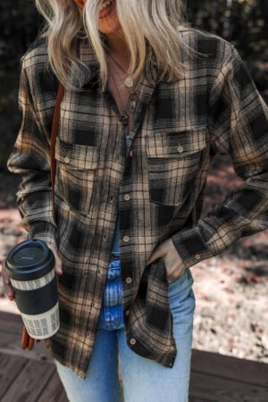 Multicolour Retro Plaid Double Flap Pocket Brushed Shacket - Image 4