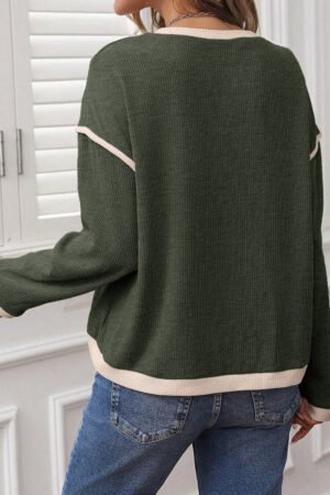 Alternative view of Four Leaf Clover Contrast Color Trim Knit Drop Shoulder Loose Top