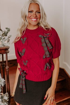 Fiery Red Plaid Lace up Detail Christmas Holiday Puff Short Sleeve Sweater - Image 3