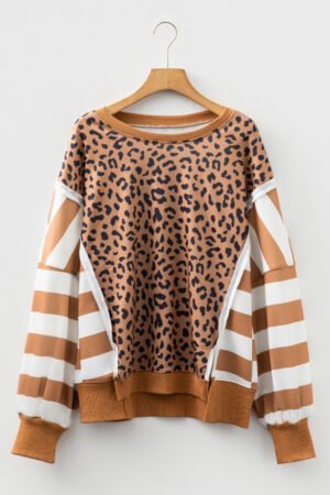 Khaki Stripe Color Block Patchwork Leopard Casual Sweatshirt with Slits - Image 9