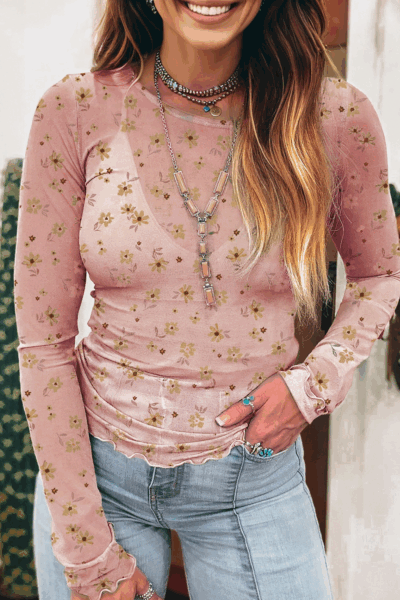 Pink Vintage Floral Print Southern Style Mesh Long Sleeve Top