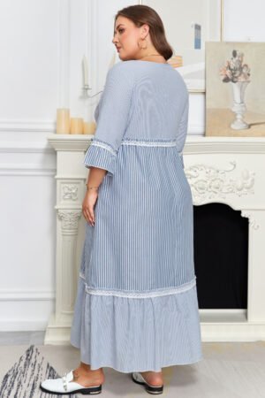 Alternative view of Sky Blue Stripe Crisscross Lace Detail Mixed Striped Patchwork Plus Size Shift Long Dress