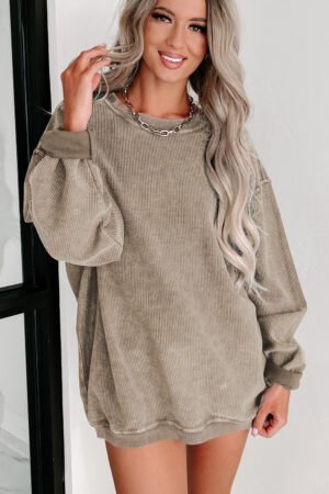 Khaki Solid Ribbed Knit Round Neck Pullover Sweatshirt - Image 2
